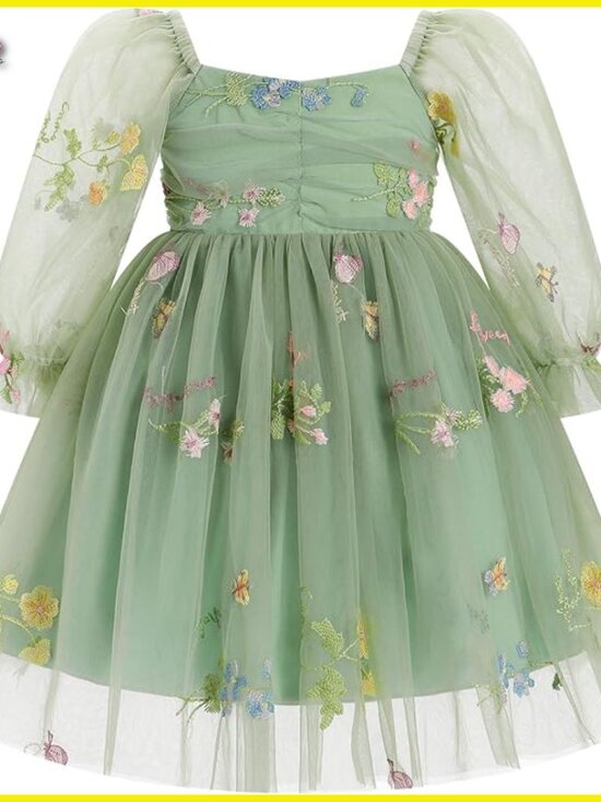 Other - Toddler Girl Floral Tulle Formal Dress Long Sleeve Square Neck Party Photo Shoot